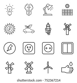 thin line icon set : bulb, brain, table lamp, sun power, eco car, spark plug, windmill, electricity, socket, switch, hand drop