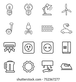 thin line icon set : bulb, brain, table lamp, windmill, segway, hoverboard, battery, electric car, air conditioning, power socket, fridge, kettle, induction oven, hand dryer, iron