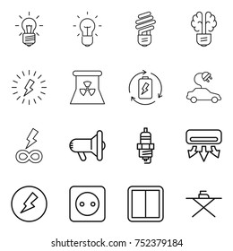 thin line icon set : bulb, brain, lightning, nuclear power, battery charge, electric car, infinity, megafon, spark plug, air conditioning, electricity, socket, switch, iron board