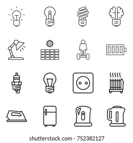 thin line icon set : bulb, brain, table lamp, sun power, hoverboard, battery, spark plug, socket, radiator, iron, fridge, kettle