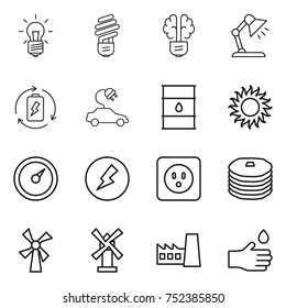thin line icon set : bulb, brain, table lamp, battery charge, electric car, barrel, sun, barometer, electricity, power socket, pancakes, windmill, factory, hand drop