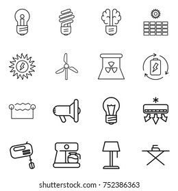 thin line icon set : bulb, brain, sun power, windmill, nuclear, battery charge, electrostatic, megafon, air conditioning, mixer, coffee maker, floor lamp, iron board