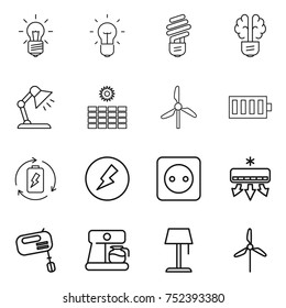 thin line icon set : bulb, brain, table lamp, sun power, windmill, battery, charge, electricity, socket, air conditioning, mixer, coffee maker, floor