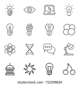 thin line icon set : bulb, eye, notebook, brain, atom core, dna, discussion, table lamp, goverment house, sun, cherry
