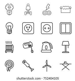 thin line icon set : bulb brain, hoverboard, infinity power, electrostatic, socket, switch, radiator, mixer, kettle, floor lamp, elecric oven, blender, windmill, iron board