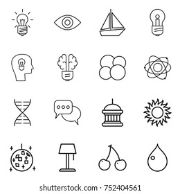thin line icon set : bulb, eye, boat, head, brain, atom core, dna, discussion, goverment house, sun, disco ball, floor lamp, cherry, drop