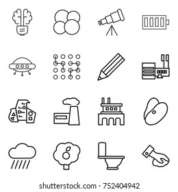 thin line icon set : bulb brain, atom core, telescope, battery, ufo, chip, pencil, mall, modern architecture, factory, beans, rain cloud, garden, toilet, wiping