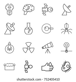 thin line icon set : bulb brain, satellite, antenna, round flask, cell corection, virus, rocket, nuclear, telescope, laser, electrostatic, acid, microb