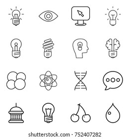 thin line icon set : bulb, eye, monitor arrow, head, brain, atom core, dna, balloon, goverment house, cherry, drop