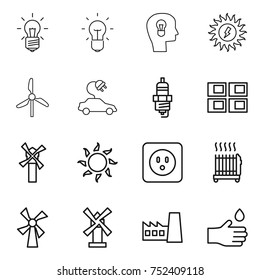 thin line icon set : bulb, head, sun power, windmill, electric car, spark plug, panel house, socket, radiator, factory, hand drop