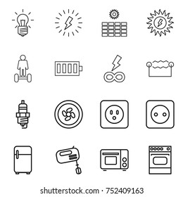 thin line icon set : bulb, lightning, sun power, hoverboard, battery, infinity, electrostatic, spark plug, cooler fan, socket, fridge, mixer, grill oven