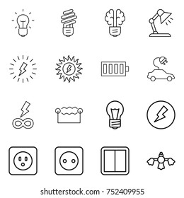 thin line icon set : bulb, brain, table lamp, lightning, sun power, battery, electric car, infinity, electrostatic, electricity, socket, switch, hard reach place cleaning