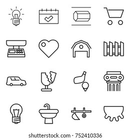 thin line icon set : bulb, calendar, nano tube, cart, market scales, heart, barn, fence, car shipping, broken, golf, antique column, sink, plow, udder