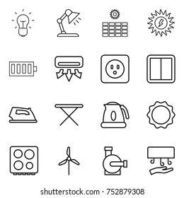 thin line icon set : bulb, table lamp, sun power, battery, air conditioning, socket, switch, iron, board, kettle, induction oven, hob, windmill, water pump, hand dryer