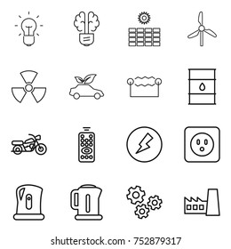 thin line icon set : bulb, brain, sun power, windmill, nuclear, eco car, electrostatic, barrel, motorcycle, remote control, electricity, socket, kettle, gears, factory
