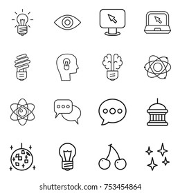 thin line icon set : bulb, eye, monitor arrow, notebook, head, brain, atom, discussion, balloon, goverment house, disco ball, cherry, shining