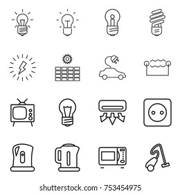 thin line icon set : bulb, lightning, sun power, electric car, electrostatic, tv, air conditioning, socket, kettle, microwave oven, vacuum cleaner