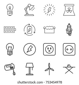 thin line icon set : bulb, table lamp, lightning, nuclear power, battery, charge, electrostatic, spark plug, electricity, socket, mixer, floor, windmill, iron board