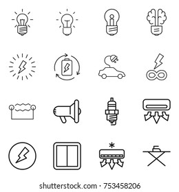 thin line icon set : bulb, brain, lightning, battery charge, electric car, infinity power, electrostatic, megafon, spark plug, air conditioning, electricity, switch, iron board