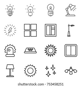 thin line icon set : bulb, table lamp, lightning, window, outdoor light, alarm, taxi, sun, power switch, floor, shining, hard reach place cleaning