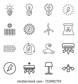 thin line icon set : bulb, brain, lightning, sun power, windmill, nuclear, battery, charge, electric car, air conditioning, electricity, floor lamp, hard reach place cleaning