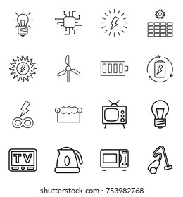 thin line icon set : bulb, chip, lightning, sun power, windmill, battery, charge, infinity, electrostatic, tv, kettle, microwave oven, vacuum cleaner