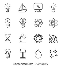 thin line icon set : bulb, boat, monitor arrow, brain, atom, dna, table lamp, sun, disco ball, floor, drop, shining