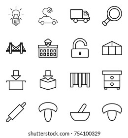 thin line icon set : bulb, electric car, delivery, magnifier, bridge, university, unlock, greenhouse, package, bar code, nightstand, rolling pin, mushroom, mortar