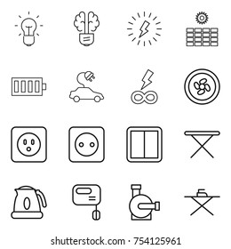 thin line icon set : bulb, brain, lightning, sun power, battery, electric car, infinity, cooler fan, socket, switch, iron board, kettle, mixer, water pump