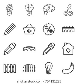 thin line icon set : bulb, brain, infinity power, pencil, add to basket, percent, bridge, smart house, fence, eggplant