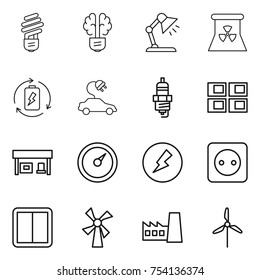 thin line icon set : bulb, brain, table lamp, nuclear power, battery charge, electric car, spark plug, panel house, gas station, barometer, electricity, socket, switch, windmill, factory