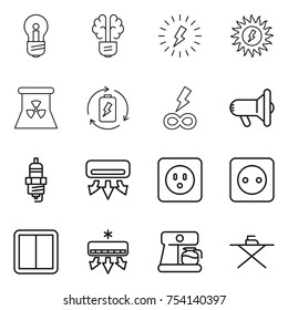 thin line icon set : bulb, brain, lightning, sun power, nuclear, battery charge, infinity, megafon, spark plug, air conditioning, socket, switch, coffee maker, iron board
