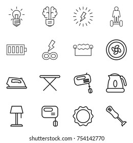 thin line icon set : bulb, brain, lightning, hoverboard, battery, infinity power, electrostatic, cooler fan, iron, board, mixer, kettle, floor lamp, induction oven, blender