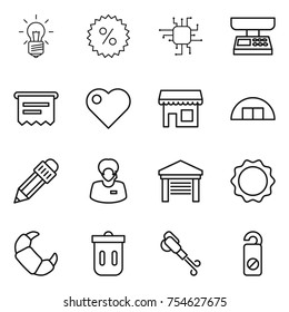thin line icon set : bulb, percent, chip, market scales, atm receipt, heart, shop, hangare, pencil, support manager, garage, induction oven, croissant, trash bin, blower, do not distrub