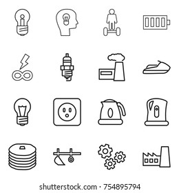 thin line icon set : bulb, head, hoverboard, battery, infinity power, spark plug, factory, jet ski, socket, kettle, pancakes, plow, gears