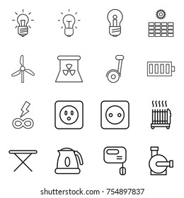 thin line icon set : bulb, sun power, windmill, nuclear, segway, battery, infinity, socket, radiator, iron board, kettle, mixer, water pump