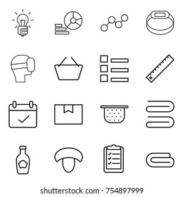 thin line icon set : bulb, diagram, graph, smart bracelet, virtual mask, basket, list, ruler, terms, package box, colander, towel, ketchup, mushroom, clipboard
