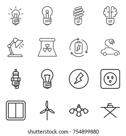 thin line icon set : bulb, brain, table lamp, nuclear power, battery charge, electric car, spark plug, electricity, socket, switch, windmill, hard reach place cleaning, iron board