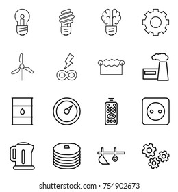 thin line icon set : bulb, brain, gear, windmill, infinity power, electrostatic, factory, barrel, barometer, remote control, socket, kettle, pancakes, plow, gears