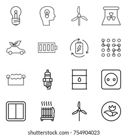 thin line icon set : bulb, head, windmill, nuclear power, eco car, battery, charge, chip, electrostatic, spark plug, barrel, socket, switch, radiator, ecology
