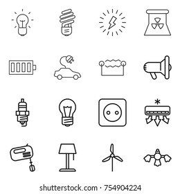 thin line icon set : bulb, lightning, nuclear power, battery, electric car, electrostatic, megafon, spark plug, socket, air conditioning, mixer, floor lamp, windmill, hard reach place cleaning