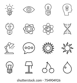 thin line icon set : bulb, eye, head, brain, atom, dna, table lamp, balloon, sun, floor, cherry, drop