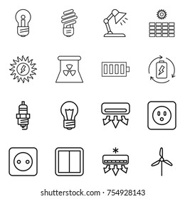 thin line icon set : bulb, table lamp, sun power, nuclear, battery, charge, spark plug, air conditioning, socket, switch, windmill