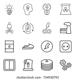 thin line icon set : bulb, head, brain, nuclear power, hoverboard, battery charge, infinity, factory, barrel, jet ski, electricity, socket, switch, kettle, pancakes, gears