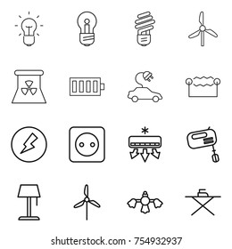 thin line icon set : bulb, windmill, nuclear power, battery, electric car, electrostatic, electricity, socket, air conditioning, mixer, floor lamp, hard reach place cleaning, iron board