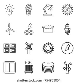 thin line icon set : bulb, table lamp, sun power, windmill, infinity, electrostatic, spark plug, panel house, electricity, switch, radiator, pancakes