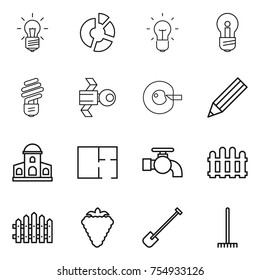 thin line icon set : bulb, circle diagram, satellite, cell corection, pencil, mansion, plan, water tap, fence, berry, shovel, rake