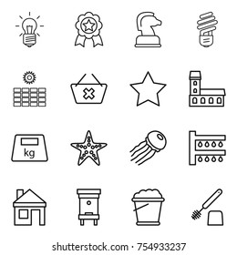 thin line icon set : bulb, medal, chess horse, sun power, delete cart, star, mansion, heavy, starfish, jellyfish, watering, house, hive, foam bucket, toilet brush