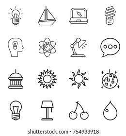 thin line icon set : bulb, boat, notebook, head, atom, table lamp, balloon, goverment house, sun, disco ball, floor, cherry, drop