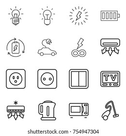 thin line icon set : bulb, lightning, battery, charge, electric car, infinity power, air conditioning, socket, switch, tv, kettle, microwave oven, vacuum cleaner